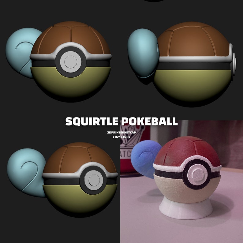 以下が含まれることがあります： 青い尻尾と赤と白のポケボールのデザインが施された、3Dプリントされたゼニガメのポケボール。ポケボールは白い台座の上に置かれています。