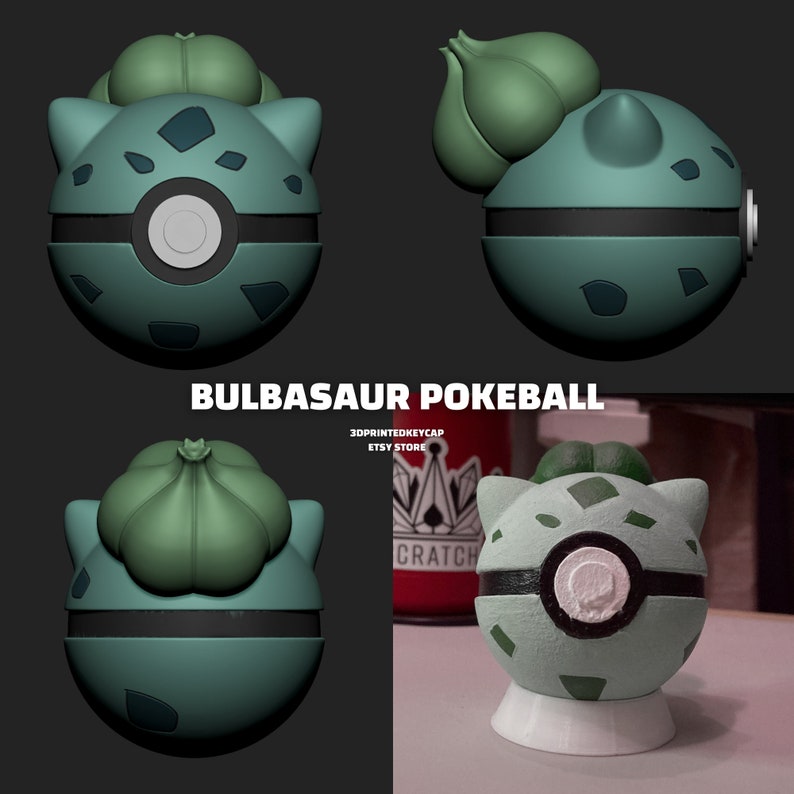 以下が含まれることがあります： 3Dプリントされた Bulbasaur のポケボール。緑と白のポケボールで、上に Bulbasaur の頭が乗っています。ポケボールは白い台座の上に置かれています。画像には、ポケボールがさまざまな角度から映し出されています。