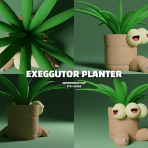 May include: A 3D printed planter shaped like the Pokemon Exeggutor. The planter is brown and has three heads with yellow faces and green hair. The planter is holding a green plant.