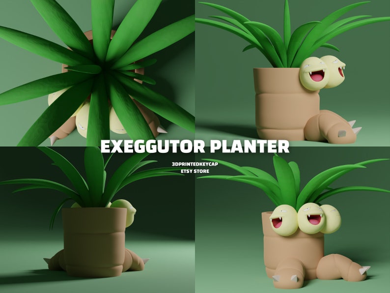 May include: A 3D printed planter shaped like the Pokemon Exeggutor. The planter is brown and has three heads with yellow faces and green hair. The planter is holding a green plant.