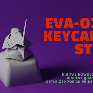 Puede incluir: Un tapón de tecla de plástico blanco impreso en 3D con forma de la cabeza del robot Eva-01 de la serie de anime Neon Genesis Evangelion. El tapón de tecla está en una tecla de teclado blanca. El texto "EVA-01 KEYCAP STL" está en rojo sobre un fondo morado. El texto "DESCARGA DIGITAL MÁXIMA CALIDAD OPTIMIZADO PARA IMPRESIÓN 3D" está en verde sobre un fondo morado.