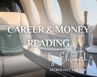 May include: A luxurious private jet interior with a green towel on a seat, a glass table with two champagne flutes and a bottle of champagne, and the text "CAREER & MONEY READING by Elizabeth ASTROLOGY VERSION".