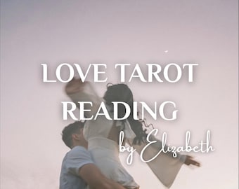May include: Image features the text "LOVE TAROT READING by Elizabeth" in white script over a blurred background of a couple embracing. The woman is wearing a white dress with flowing sleeves.