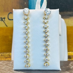 2TCW 14K Yellow Gold Diamond Tennis Long Dangle Drops Earrings