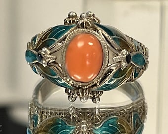 Bague papillon en filigrane en émail de corail rose vintage en argent sterling