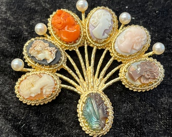 Oro amarillo de 14 k Vintage victoriano piedras preciosas mixtas Goldette Multi Stick Pin Figural Cameo y broche de perla