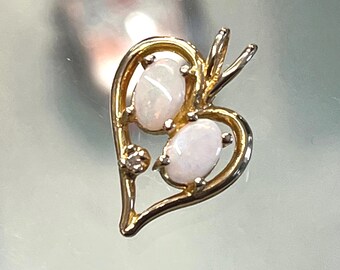 Vintage 14k Yellow Gold Heart with Opal and Diamond Stone Pendant Charm