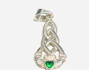 Sterling Silver Green CZ Claddagh and Celtic Knot Charm