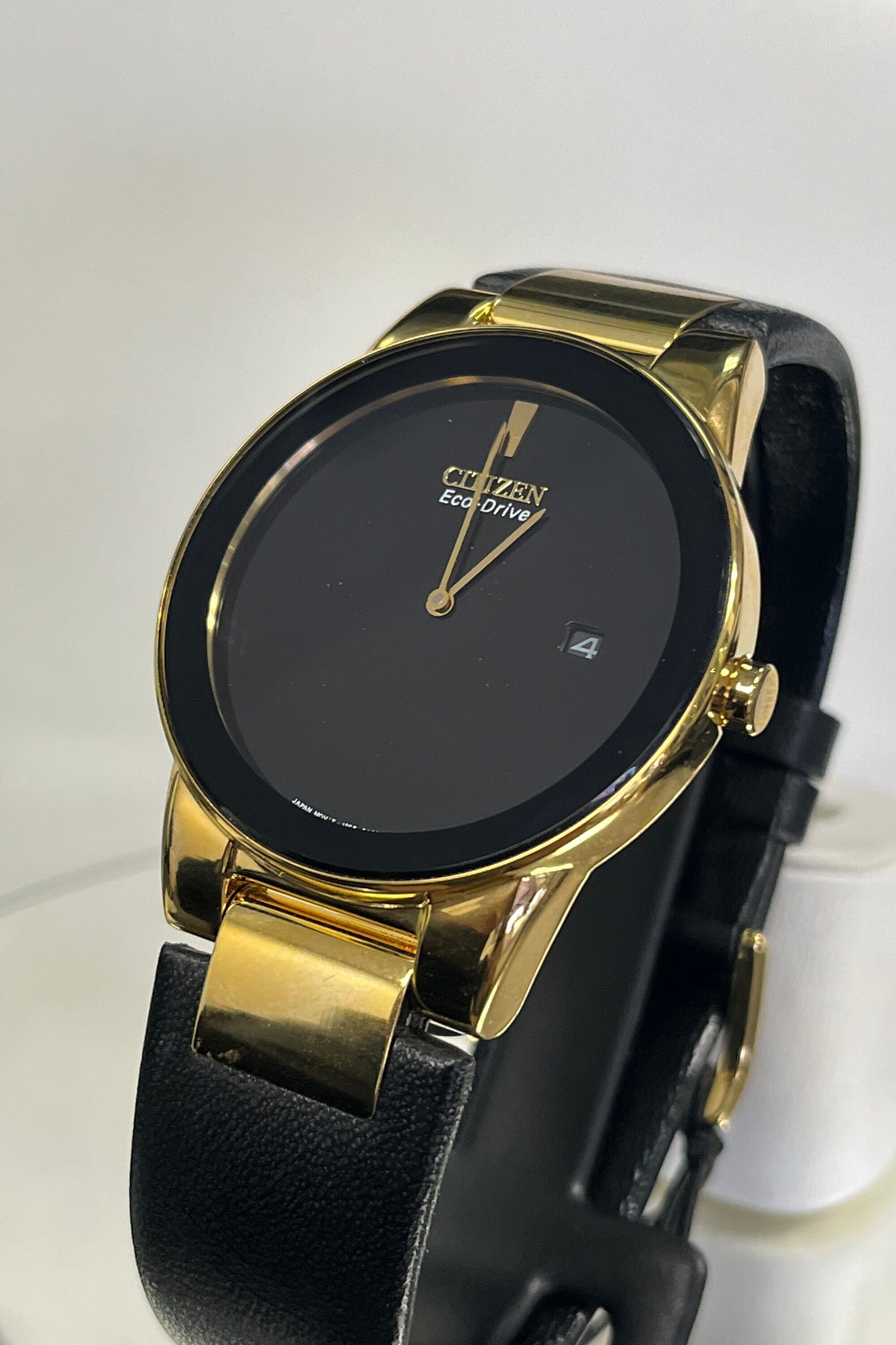 Men s Citizen Eco drive Axiom Gold tone Black Leather Strap Watch AU1062 05E Etsy Australia
