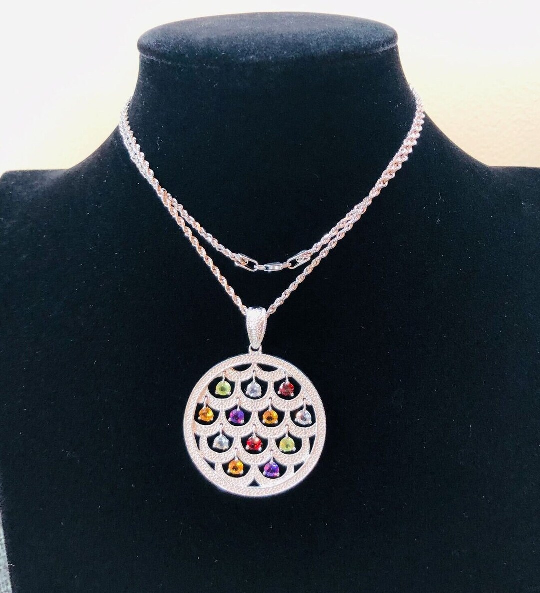 Vintage Sterling Silver Multi Gemstone Large Silver Pendant Necklace Etsy
