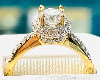 14k Gelbgold Single Halo Solitaire Diamant mit Halbem Eternity Diamant Ring