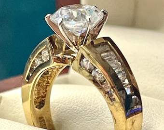 Sterling Silver Gold Filled Cubic Zirconia Engagement Ring with Side Accents Stones