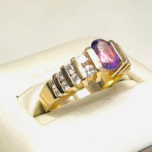 14k Yellow gold Oval Amethyst Gem With Round Diamonds Bar Set Ladies Cocktail Ring(14045)