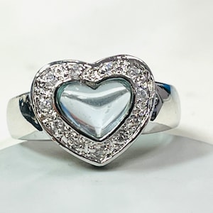 Sterling Silver Ladies Vintage Blue Gem Heart Shaped WIde Ring With CZ