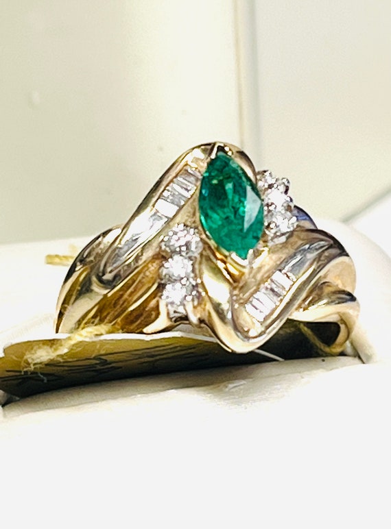 14k Yellow Gold Marquise Emerald and Diamond Bagu… - image 1