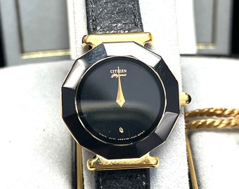 NOS Vintage Citizens Elegance Black Case Gold Tone Octagon Ladies Watch