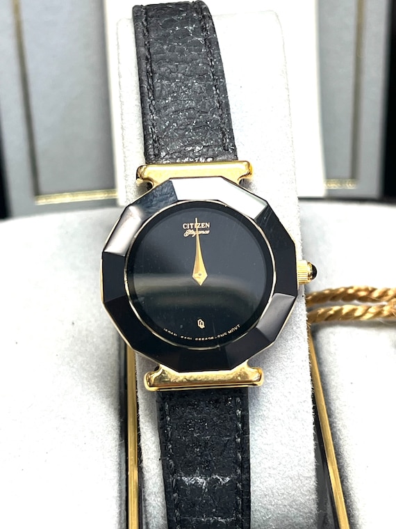 NOS Vintage Citizens Elegance Black Case Gold Tone