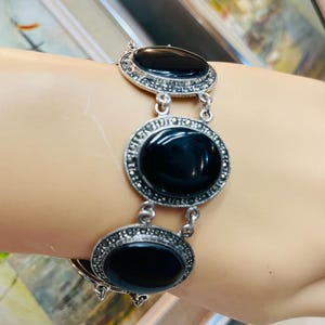 Vintage Estate Sterling Silver Black Onyx & Marcasite Link Bracelet