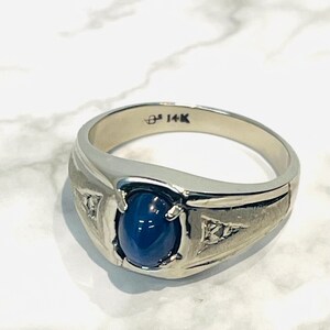 14k White Gold Mens Oval Sapphire Star With Daimond Accents Pinky Ring ...