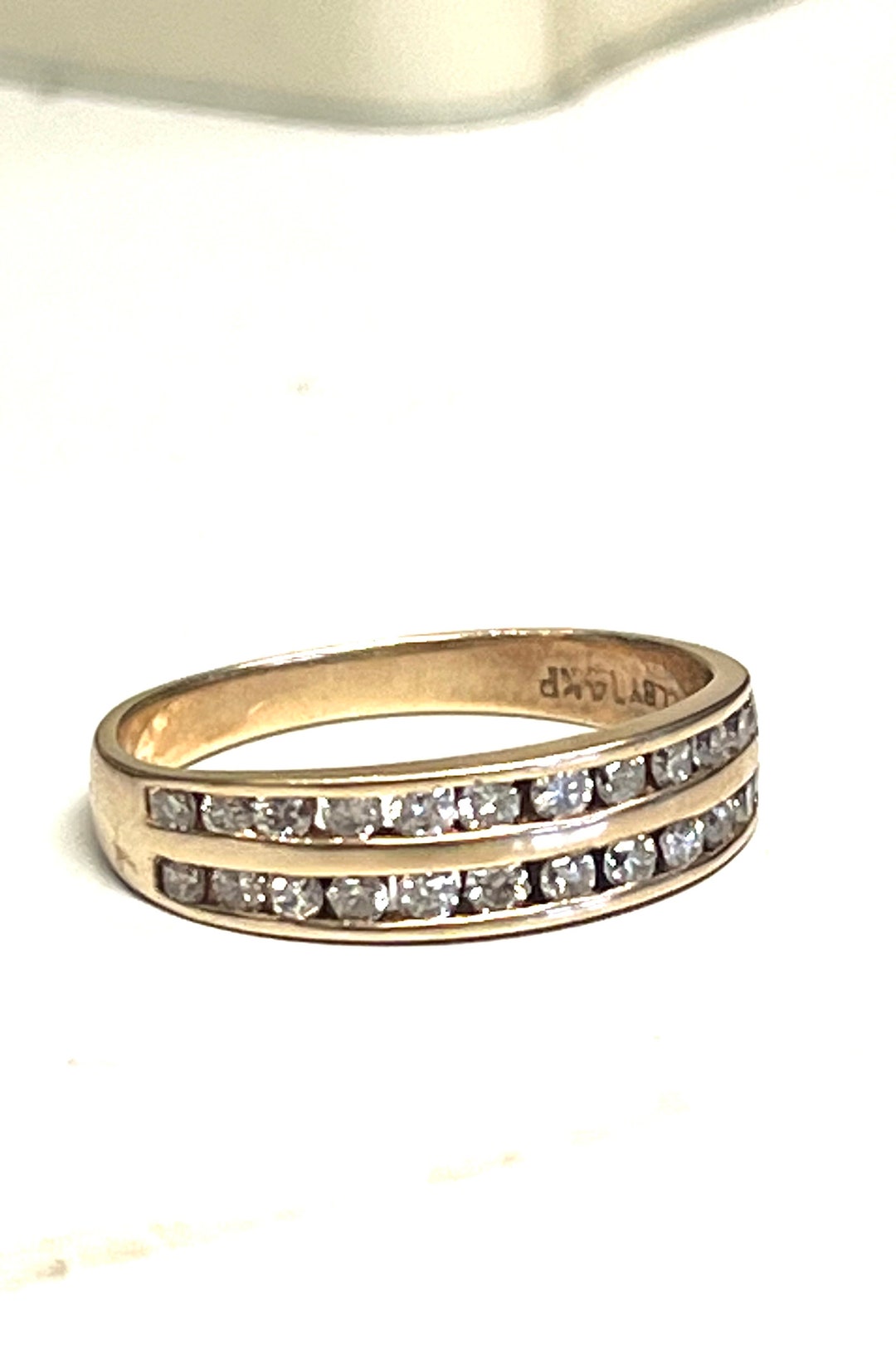 14k Yellow Gold Double Row Diamond Half Bezel Wedding Ring(14010) - Etsy