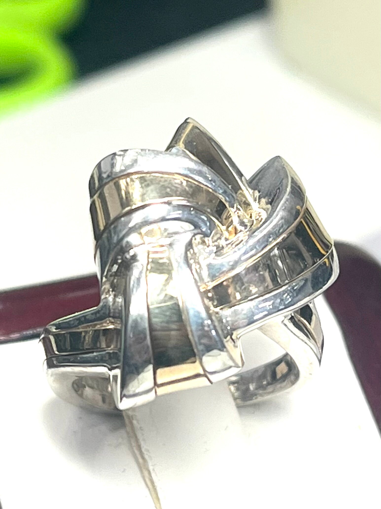 Gold Tone & Sterling Silver Large Heavy Bow Ribbon Ring