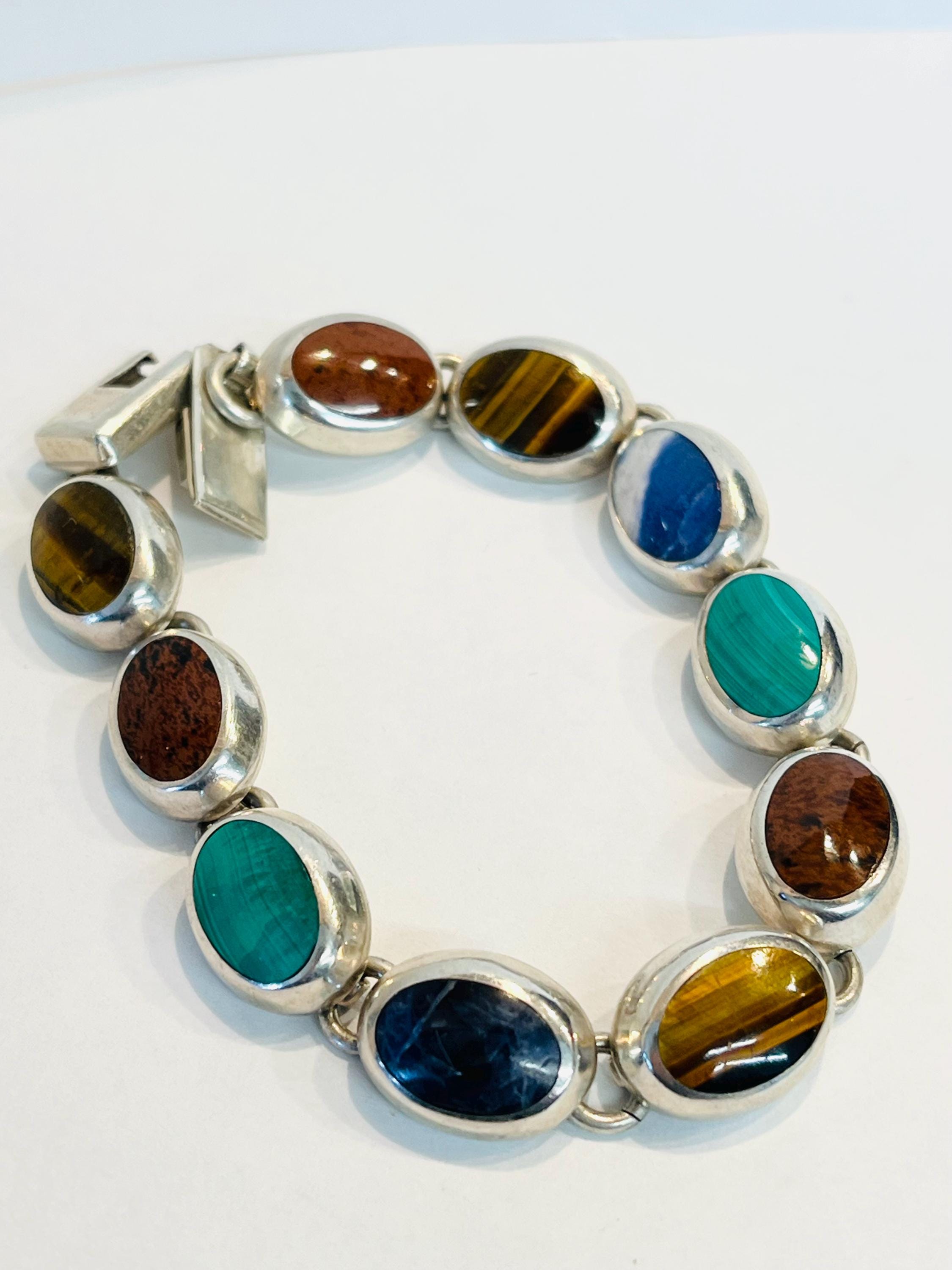 Vintage Sterling Silver Mexico Multi Colored Stone in Lay Link