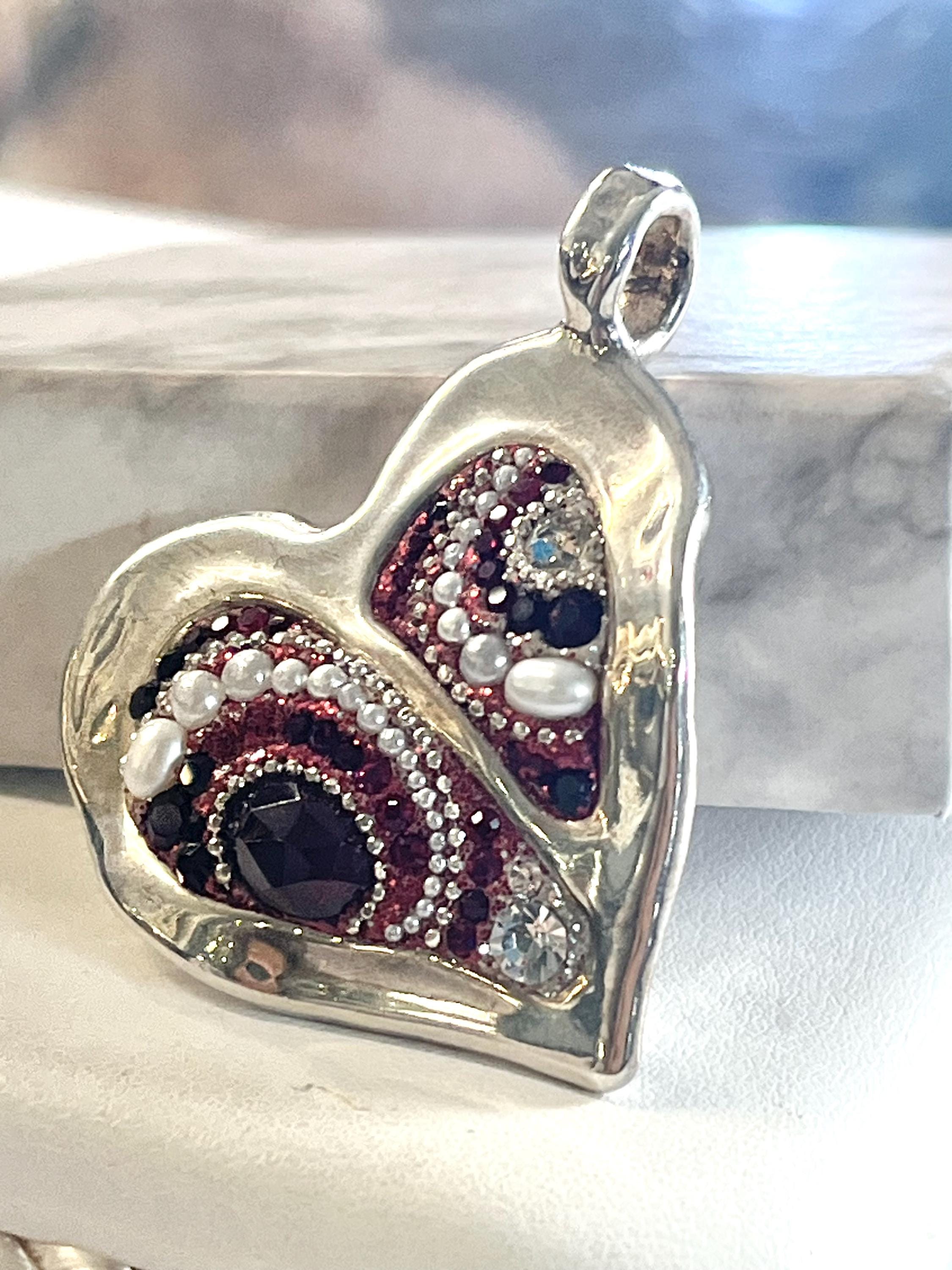 Sterling Silver Chunky Garnet Pearl Zirconia Heart Pendant Charm