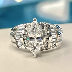 Sterling Silver Large Cubic Zirconia Marquise & CZ   Engagement Ring