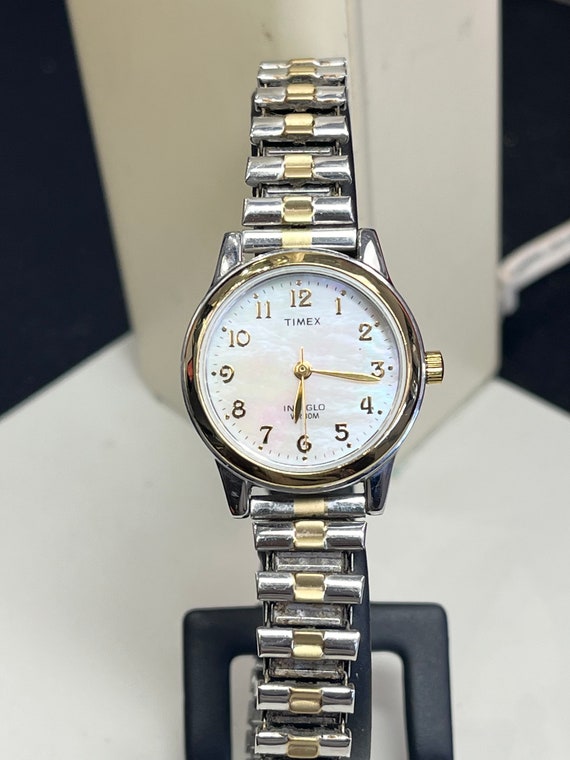 Women s Timex Essex Indigo MOP Analog Two tone Stainless Steel Flex Band Watch Etsy UK