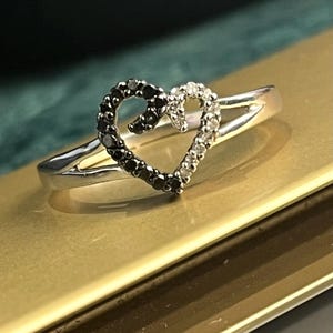 0.017TCW Black & White Diamonds Sterling Silver Micro Paved Open Heart Shaped Ring