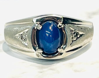 14k White Gold Mens Oval Sapphire Star with Daimond Accents Pinky Ring
