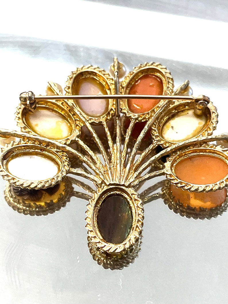 14k Geel Goud Vintage Victoriaanse Gemengde Edelstenen Goldette Multi Stick Pin Figural Cameo en Pearl Pin Broche afbeelding 6
