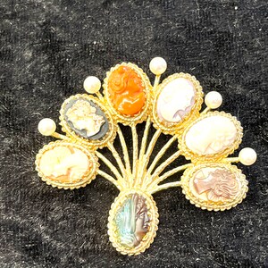 14k Geel Goud Vintage Victoriaanse Gemengde Edelstenen Goldette Multi Stick Pin Figural Cameo en Pearl Pin Broche afbeelding 7