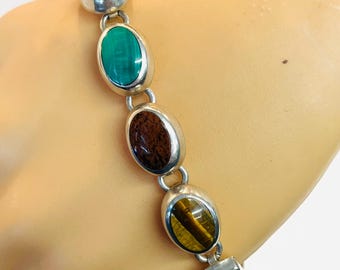 Vintage Sterling Silver Mexico Multi Colored Stone in Lay Link