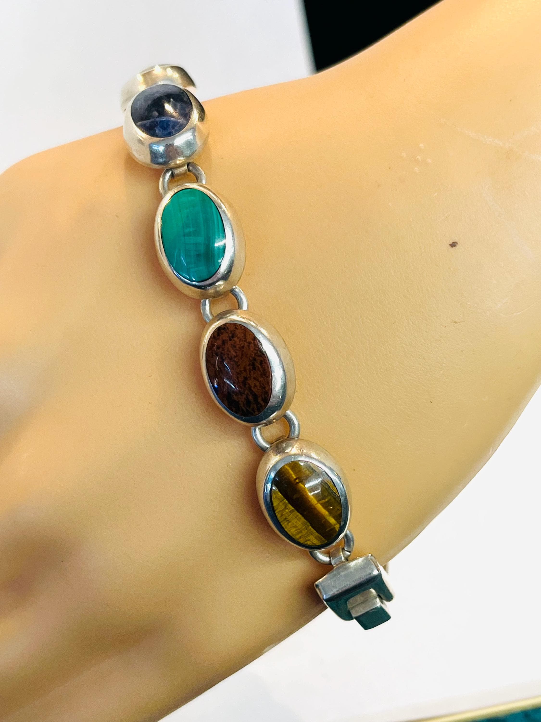 Vintage Sterling Silver Mexico Multi Colored Stone in Lay Link