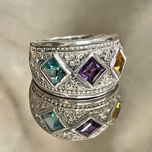925 Sterling Silver and Multicolor Czs Wide Wedding Anniversary Band RIng