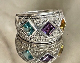 Bague large en argent sterling 925 et zircons multicolores pour anniversaire de mariage