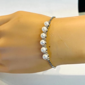 8.8 Grams Sterling Silver Pearl & Cubic Zirconia Stone Bolo Adjustable Bracelet(SB067)