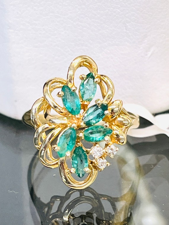 14k Yellow Gold Marquise Emerald Diamond Cluster … - image 2