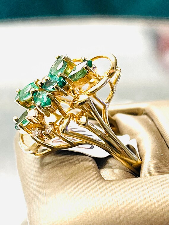 14k Yellow Gold Marquise Emerald Diamond Cluster … - image 5