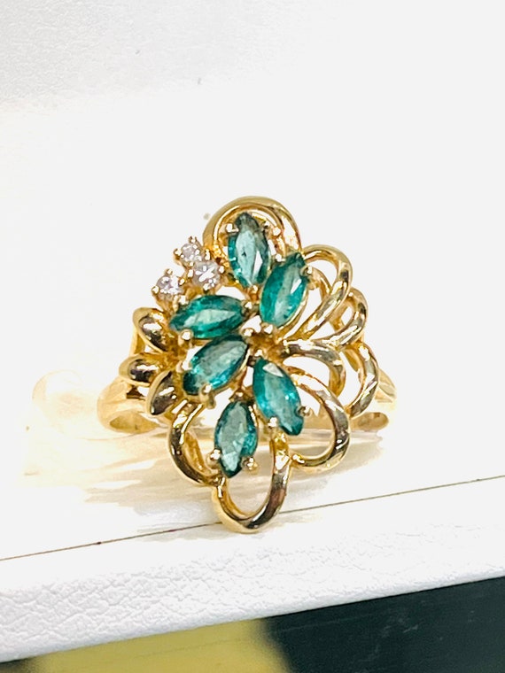 14k Yellow Gold Marquise Emerald Diamond Cluster … - image 1
