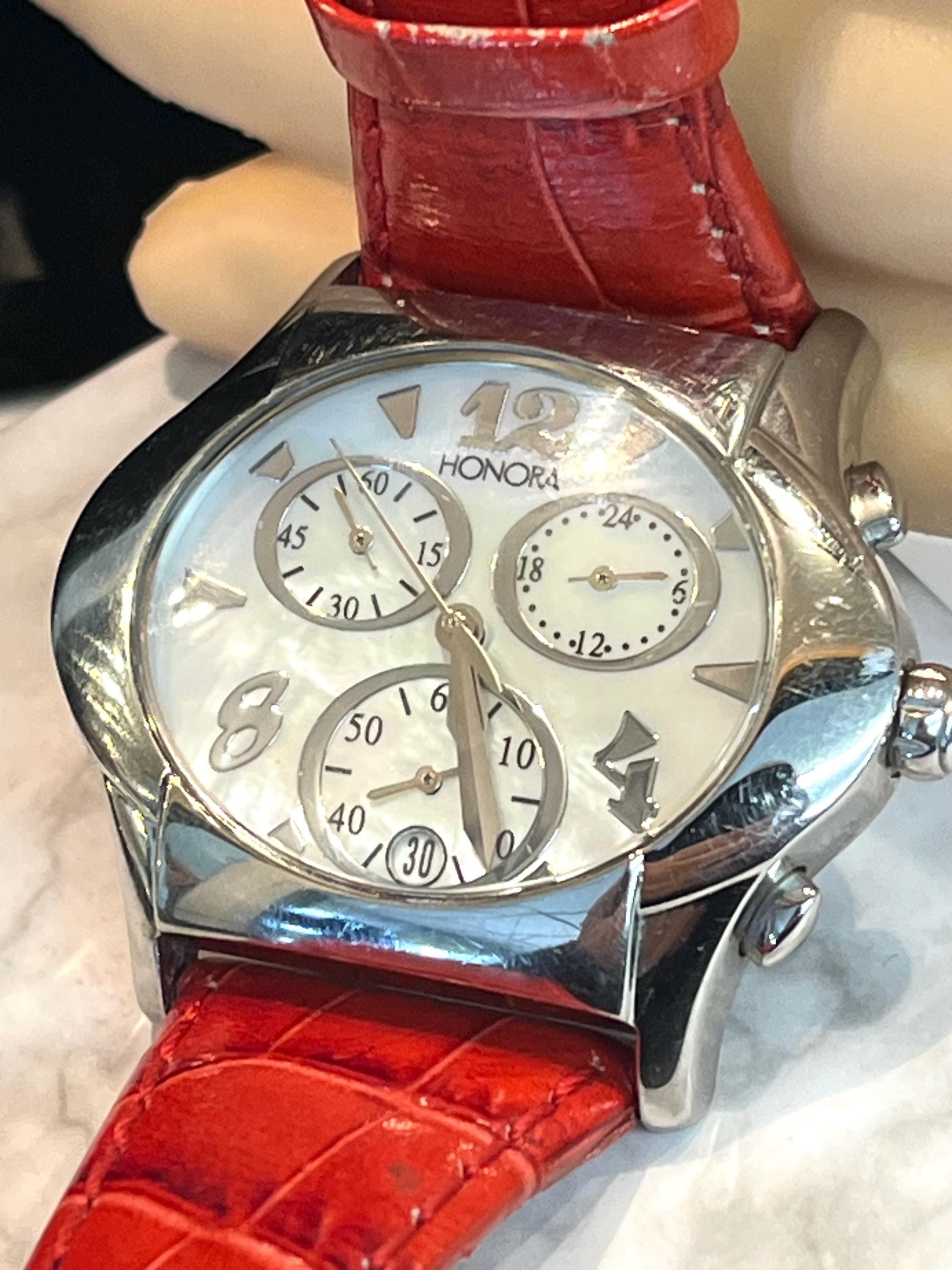 Honora Stainless Steel MOP Chronograph Watch With Leather  display picture 3