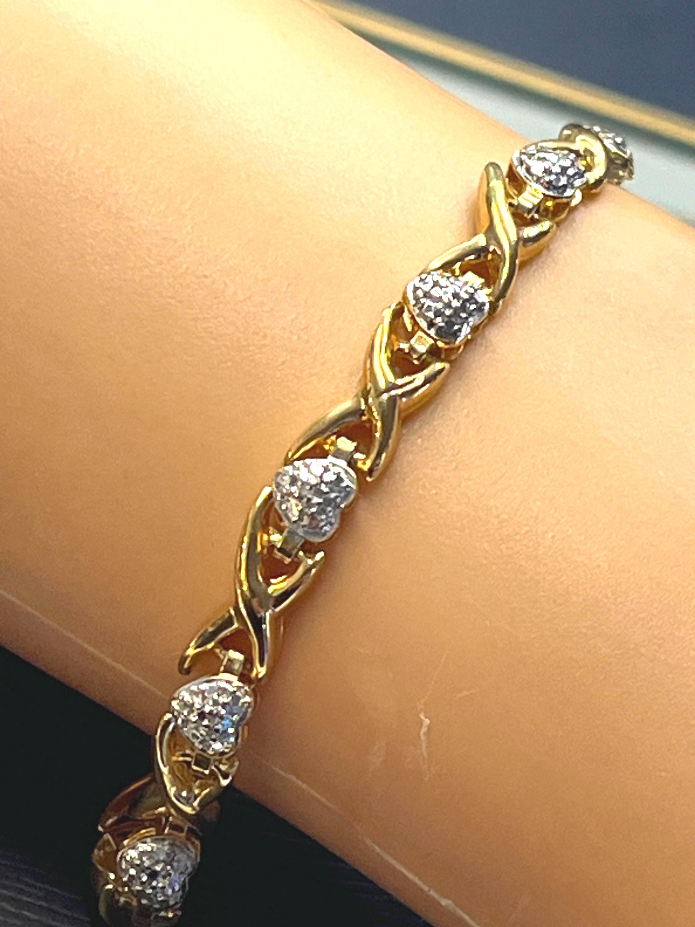 925 18K GP Two-tone X & Heart CZ Paved Link Bracelet(9251539) - Etsy