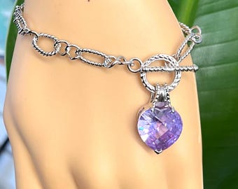 10.6Grams Sterling Silver Textured Oval 925 Purple/Pink Crystal Heart Toggle Clasps Bracelet(SB060)