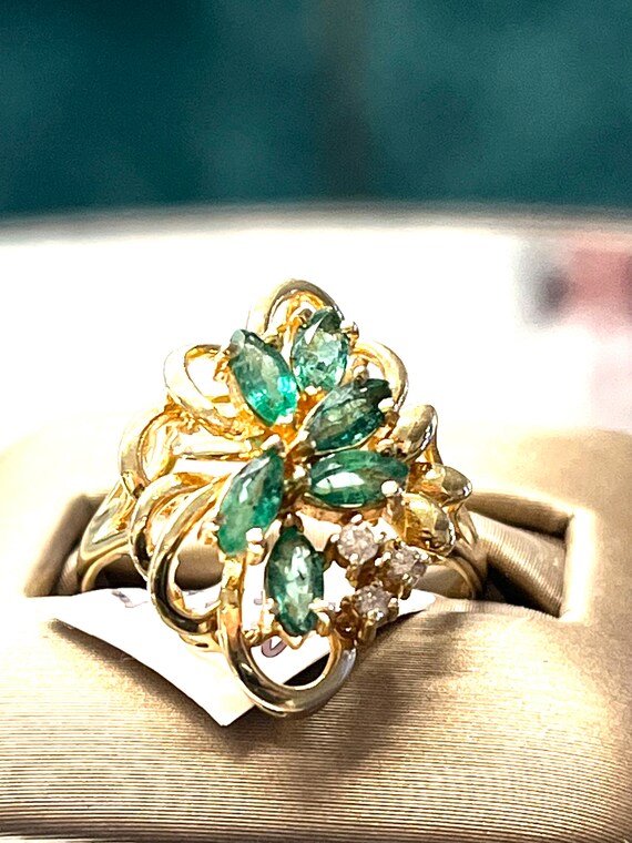 14k Yellow Gold Marquise Emerald Diamond Cluster … - image 6