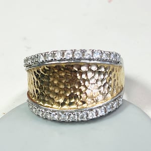 Sterling Silver ESPO Gold Tone Hammered Wide CZ signet Ring