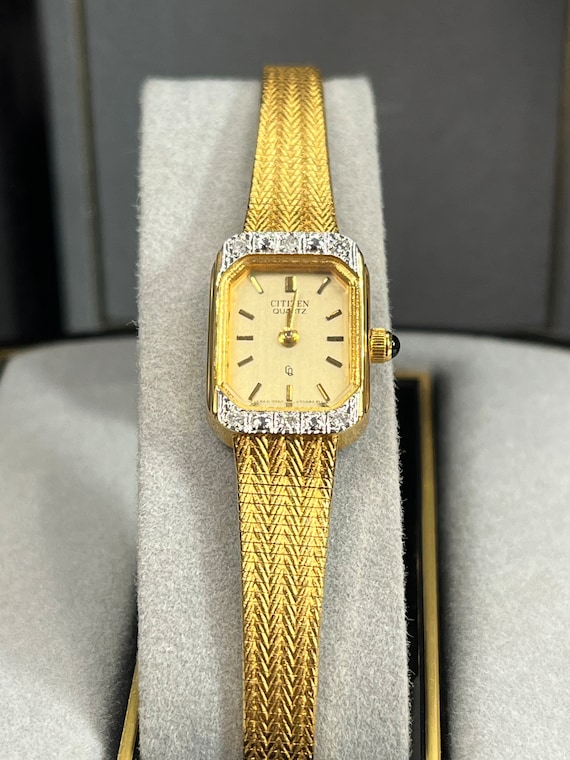 Vintage Gold Tone Citizen Quartz Diamond Accented 