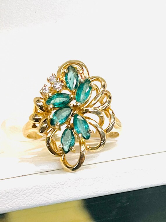 14k Yellow Gold Marquise Emerald Diamond Cluster … - image 10