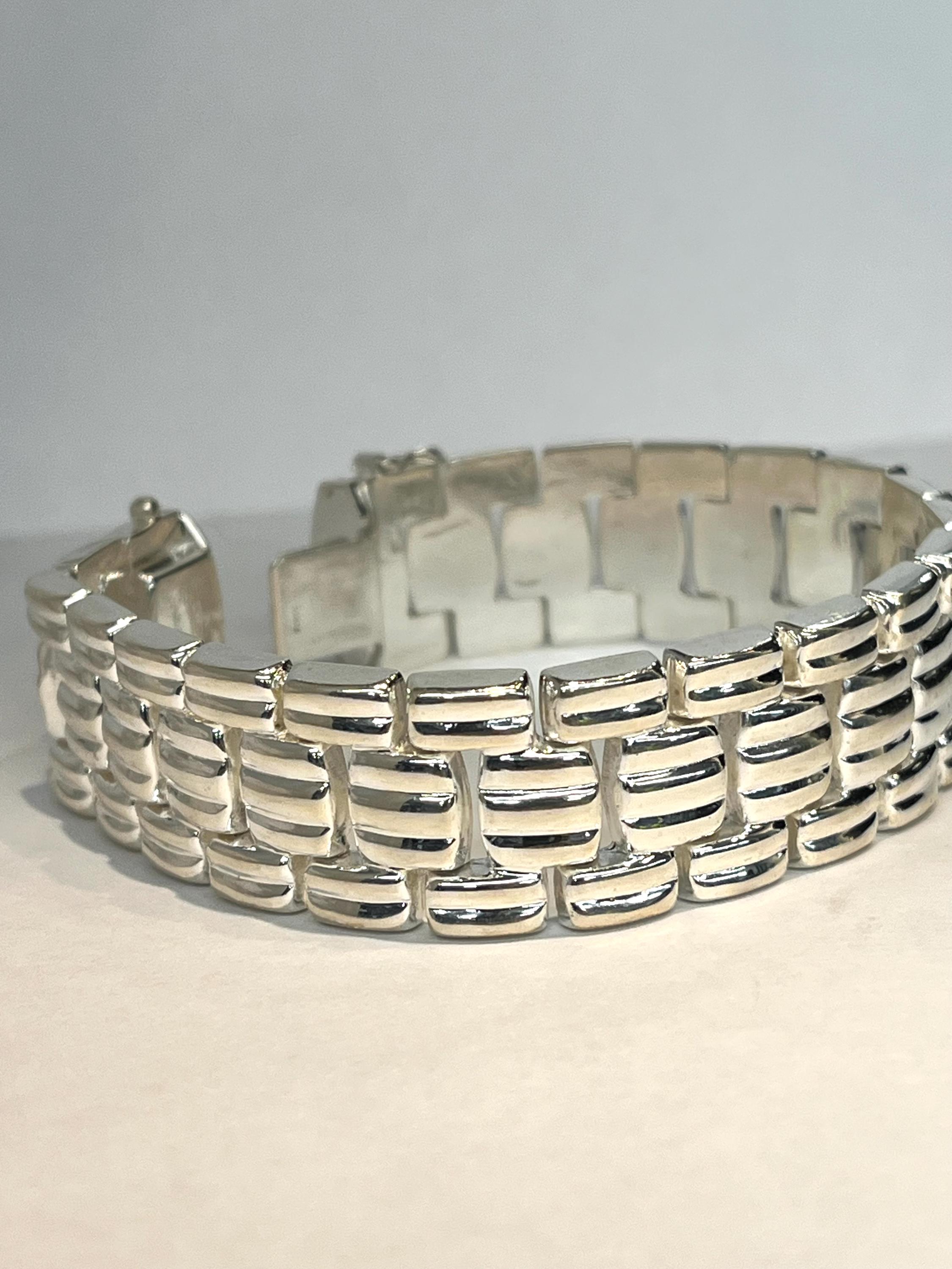 Sterling Silver Wide Mult Row Square Link Flexible Bracelet