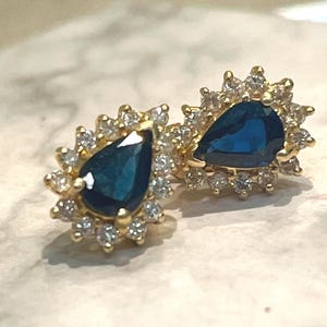 14k Yellow Gold Sapphire Teardrop Gemstone and Round Diamond Halo Earrings